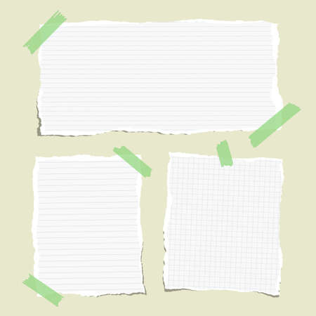 White ruled torn note, notebook, copybook paper sheets stuck with sticky tapeのイラスト素材