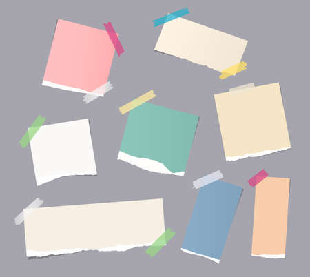Pieces of different size colorful note, notebook, copybook paper sheets stuck with sticky tape on gray backgroundのイラスト素材