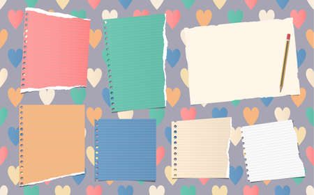 Ripped ruled notebook, copybook, note paper strips with pencil stuck on pattern created of colorful heart shapesのイラスト素材