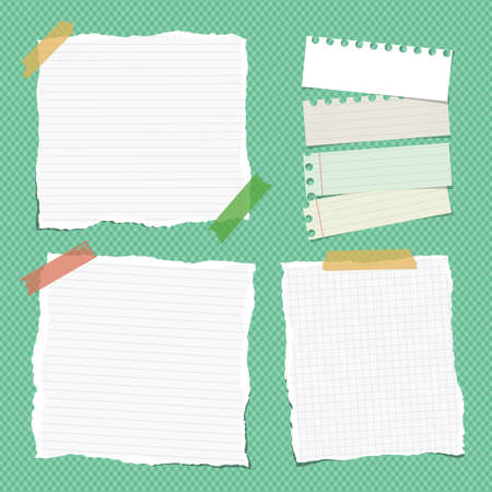 Ripped white ruled note, notebook, copybook paper sheets stuck with colorful sticky tape on bright green lined patternのイラスト素材