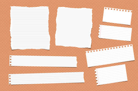 Pieces of ripped different size white note, notebook, copybook paper sheets, strips stuck on squared orange backgroundのイラスト素材