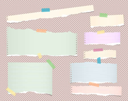 Pastel color, different size ripped note, notebook, copybook paper sheets stuck with coloful sticky tape on squared patternのイラスト素材