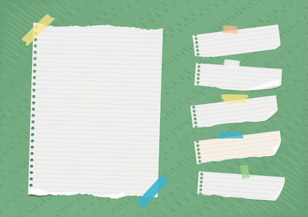 Ripped white ruled note, notebook, copybook paper sheets stuck on bright green lined patternのイラスト素材