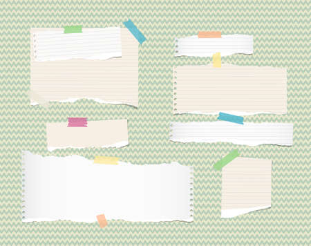 White, light brown, note, notebook, copybook paper strips and sheets stuck with sticky tape ongreen wavy patternのイラスト素材