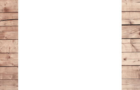 Brown scratched wooden frame, billboard or white horizontal rectangle with planksの写真素材