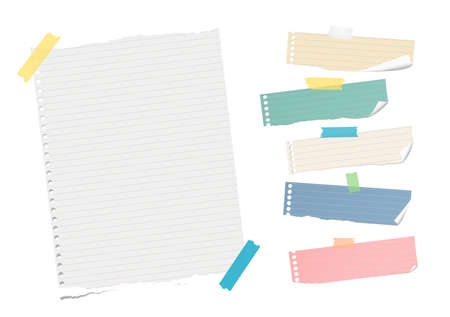 Ripped ruled colorful note, notebook, copybook paper sheet, strips stuck with sticky tape on white backgroundのイラスト素材