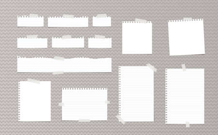 White note, notebook, copybook paper strips and sheets stuck with sticky tape on gray wavy patternのイラスト素材