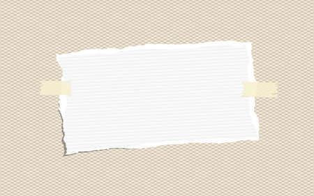 Ripped white ruled note, notebook, copybook paper sheets stuck on brown squared patternのイラスト素材