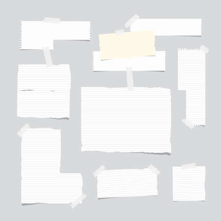 Ripped ruled note, notebook, copybook paper sheet, strips stuck with white sticky tape on light gray backgroundのイラスト素材