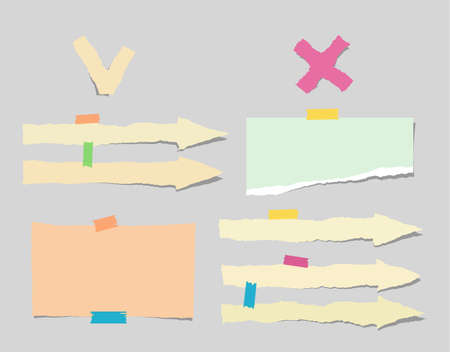 Torn colorful note, notebook, copybook paper sheets, arrow strips stuck on gray background