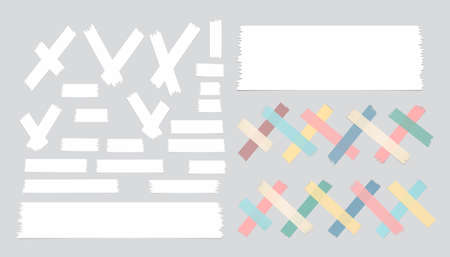 Set of different size, colorful and white sticky paper, adhesive, masking tape are on gray backgroundのイラスト素材