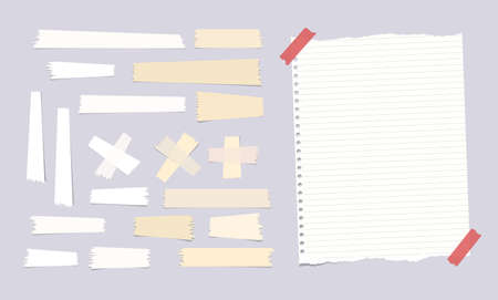 Sticky, adhesive masking tape, ripped note, notebook, copybook paper sheet on gray backgroundのイラスト素材