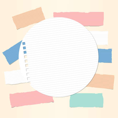 Colorful ruled note, notebook, copybook paper strips with round paper sheet in centreのイラスト素材