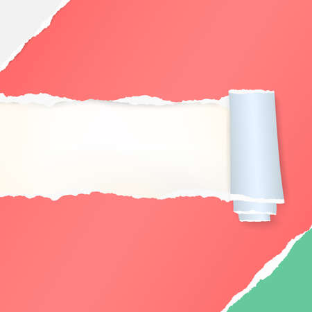 Rolled and ripped red notebook sheet, torn paper in cornersのイラスト素材