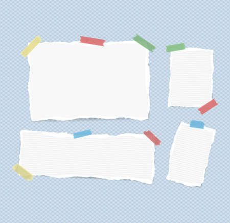 White ruled and blank note, notebook, copybook sheets, strips stuck with colorful sticky tape on squared blue background.のイラスト素材