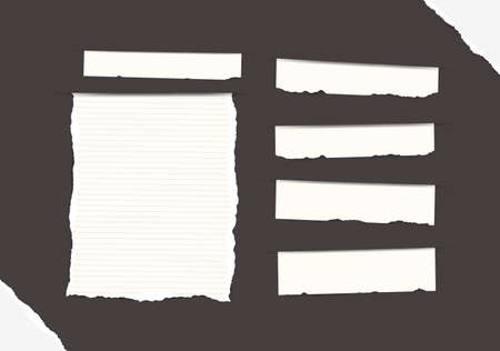 Pieces of torn white blank and ruled note, copybook, notebook strips, sheets inserted into black background with paper in cornersのイラスト素材