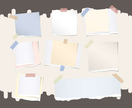 Different size colorful note, notebook, copybook paper stuck with sticky tape on brown backgroundのイラスト素材