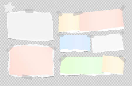 Ripped white, colorful note, notebook, copybook paper sheets stuck with sticky tape on squared gray backdrop and star on cornerのイラスト素材