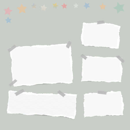 Ripped white note, notebook, copybook paper sheets, stars, stuck with sticky tape on gray background.のイラスト素材