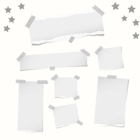 Ripped note, notebook, copybook paper strips, stars, stuck with sticky tape on white background.のイラスト素材