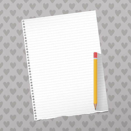Ripped white notebook, copybook paper sheet, yellow pencil, on gray pattern with heartsのイラスト素材