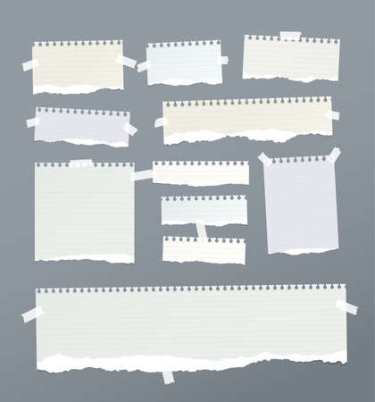 Pieces of ripped ruled, note, notebook, copybook paper strips, sheets stuck with sticky tape.のイラスト素材