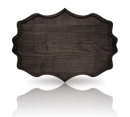 Gray wooden ornate signboard with dark frame and reflection on white background.の写真素材