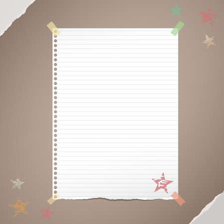 Torn white note, notebook, copybook paper sheet stuck with colorful sticky tape, stars on blue background, ripped paper in corners.のイラスト素材