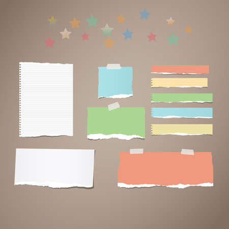 Ripped white and colorful note, notebook, copybook paper strips stuck with sticky tape, stars on brown background.のイラスト素材