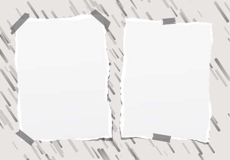 Pieces of ripped blank note, notebook, copybook paper sheets stuck on lined gray background.のイラスト素材