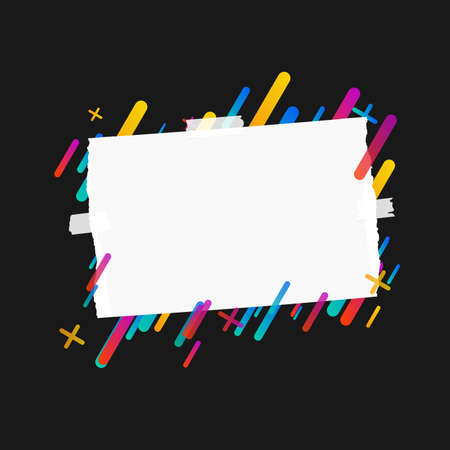 Pieces of ripped blank note, notebook, copybook paper strips stuck on lined colorful background.のイラスト素材