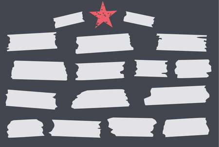 White different size adhesive, sticky tape, paper pieces with red star on black background.のイラスト素材