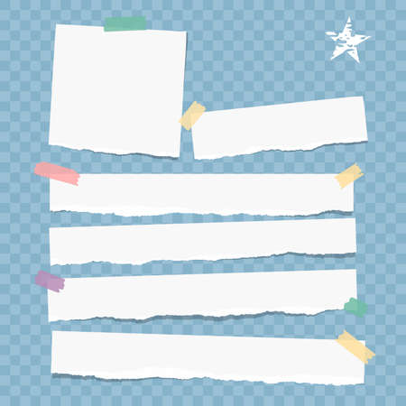 White note, notebook, copybook paper strips stuck with colorful sticky tape on blue squared backgroundのイラスト素材