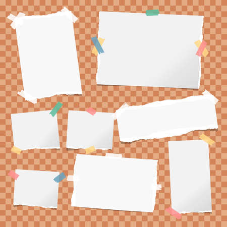 White note, notebook, copybook paper strips stuck with colorful sticky tape on orange squared backgroundのイラスト素材