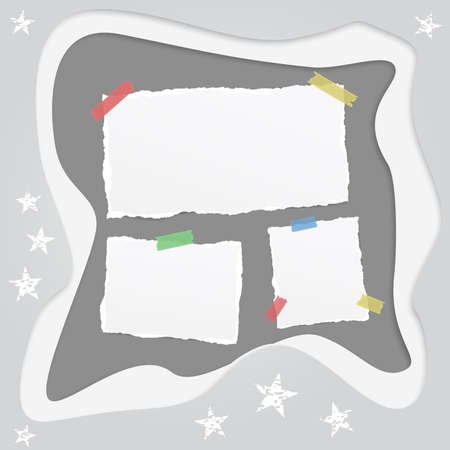 3D cutout, carving paper background with white note, cpoybook, notebook ripped shapes. Vector design layers with stars.のイラスト素材
