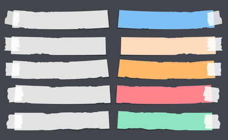 Colorful and white ripped, note, copybook, notebook paper strips stuck with sticky, adhesive tape on black background.のイラスト素材