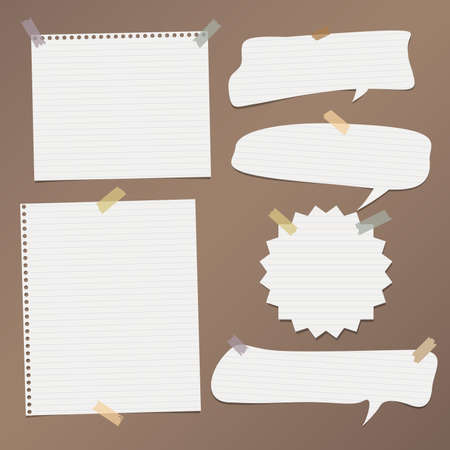 White striped speech bubbles, note, copybook, notebook paper with stuck on brown background.のイラスト素材