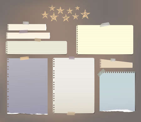 Note, notebook, copybook paper strips, sheets stuck with sticky tape on brown background with stars.のイラスト素材
