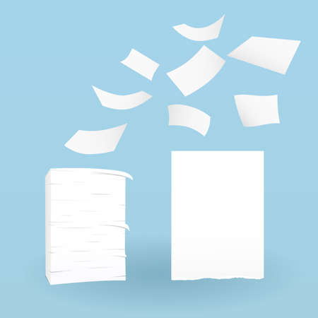 Stack of white sheets and flying ripped paper on blue background.のイラスト素材