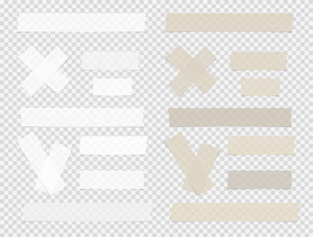 Brown and white different size adhesive, sticky, scotch tape, paper pieces on squared background.のイラスト素材