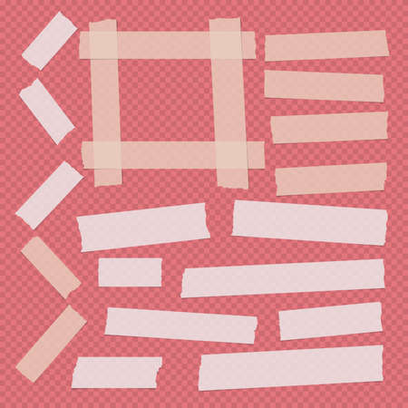 Brown and white different size adhesive, sticky, scotch tape, paper pieces on red squared background.のイラスト素材