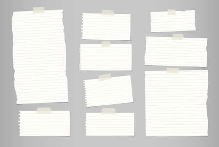 White ripped striped note, notebook paper for message or text stuck with sticky tape on gray background.のイラスト素材
