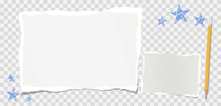 Ripped note, notebook paper stuck on spotted squared background with blue stars and pencil.のイラスト素材