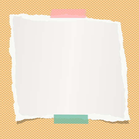 White ripped, notebook paper, note for text or message stuck with colorful sticky tape on orange squared background.のイラスト素材