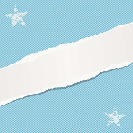 Ripped notebook paper strip, note for text or message stuck on blue squared background with stars.のイラスト素材