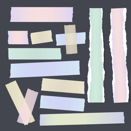 Colorful, ripped note paper strips, sticky adhesive tape for text or message on black background. Vector illustrationのイラスト素材