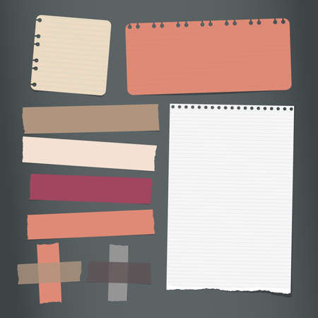 Colorful, white ripped lined notebook, note paper, sticky adhesive tape for text or message on black background. Vector illustration.のイラスト素材