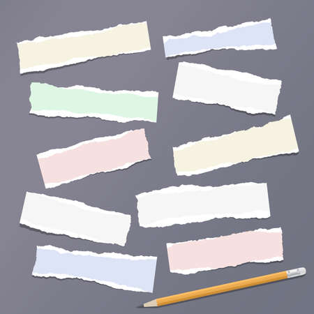 Colorful ripped strips, notebook, note paper with pencil for text or message stuck on dark gray background.のイラスト素材
