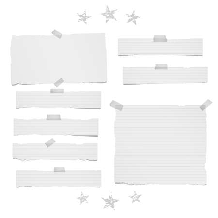Ripped lined and blank note, notebook paper strips, sheets for text or message stuck with sticky tape on white background with stars.のイラスト素材