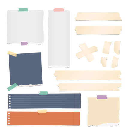 Colorful and white ripped lined, blank note, notebook paper strips, sheets, beige adhesive, sticky tape for text or message stuck on white background.のイラスト素材